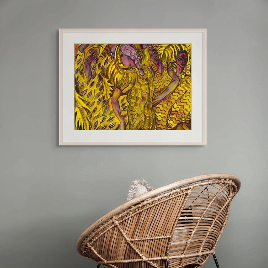 Wicker chair in front of a framed abstract artwork on a gray wall.
