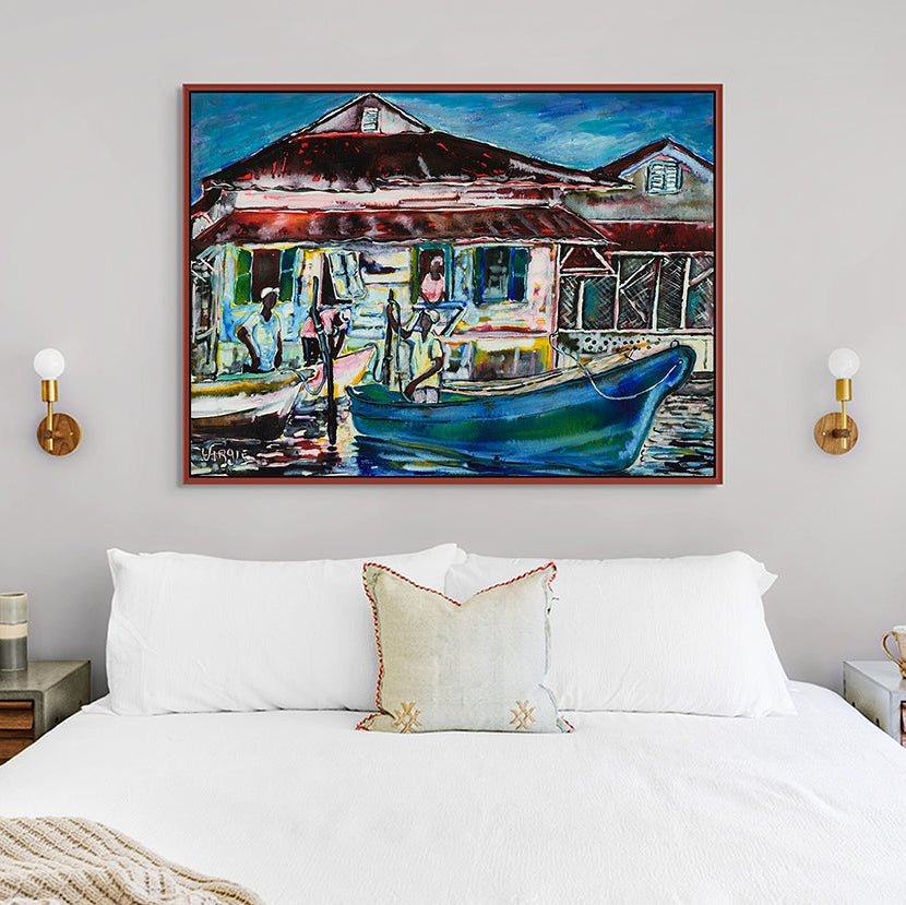 Bedroom with a large painting of a boat and building on the wall.