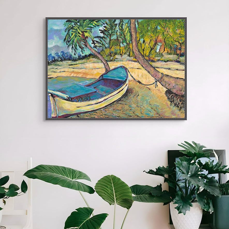 Room interior with a painting of a boat on a beach, plants, and a white wall.