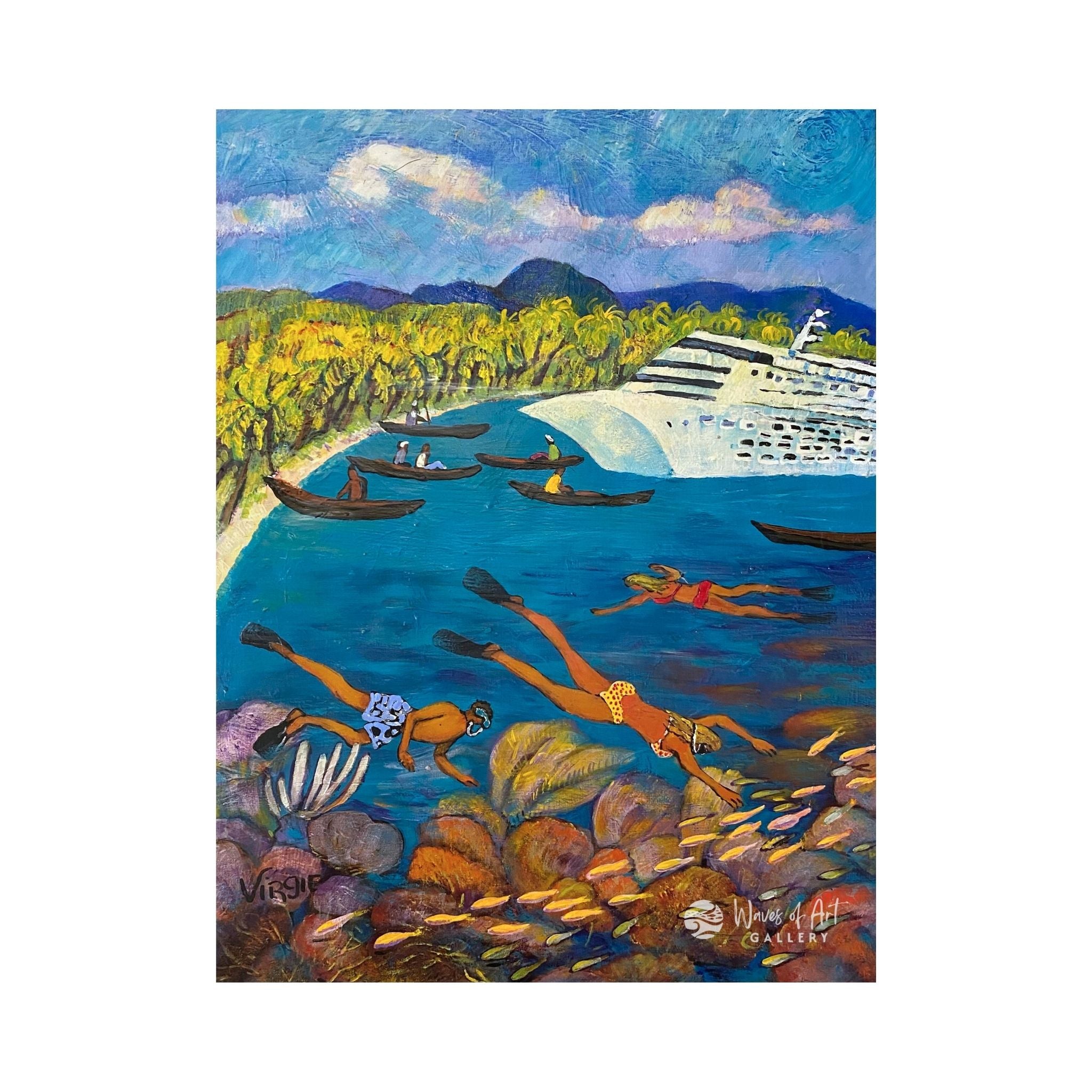 Artistic depiction of a coastal scene with snorkelers, canoes, the reef and a cruise ship coming into the port of Roatan.