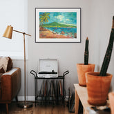 Living room with a painting of a coastal scene in the Bay Islands of Honduras, a record player, and potted plants.