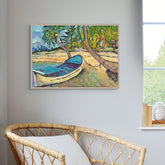 Painting of a boat / blue dory in Honduras by a tree. Painting on a wall above a wicker chair.