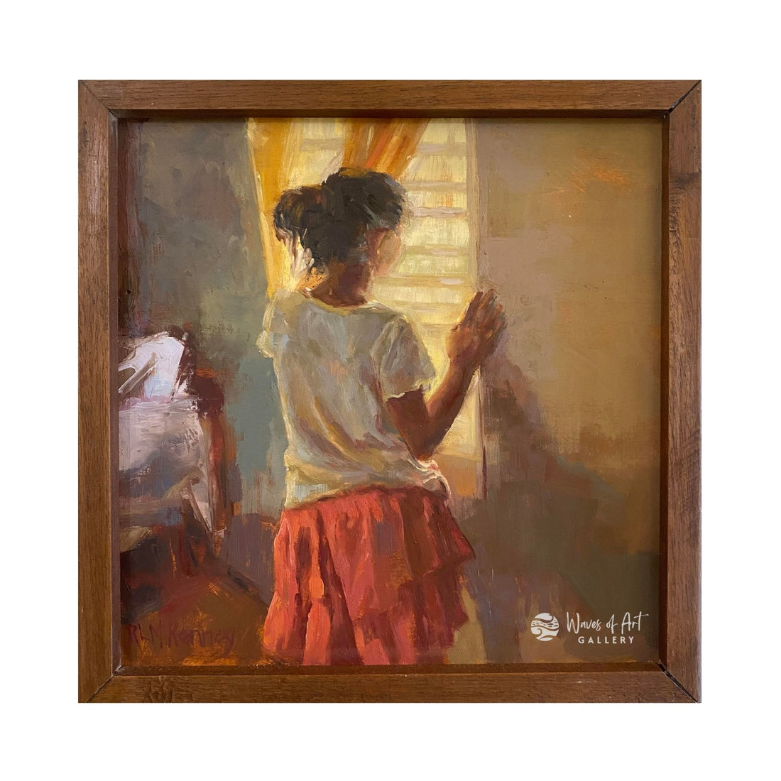 Framed oil painting by Roseanne McKenney of Honduran/Central American girl peering out the window.