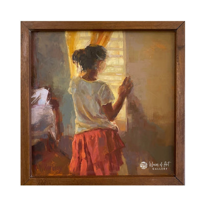 Framed oil painting by Roseanne McKenney of Honduran/Central American girl peering out the window.