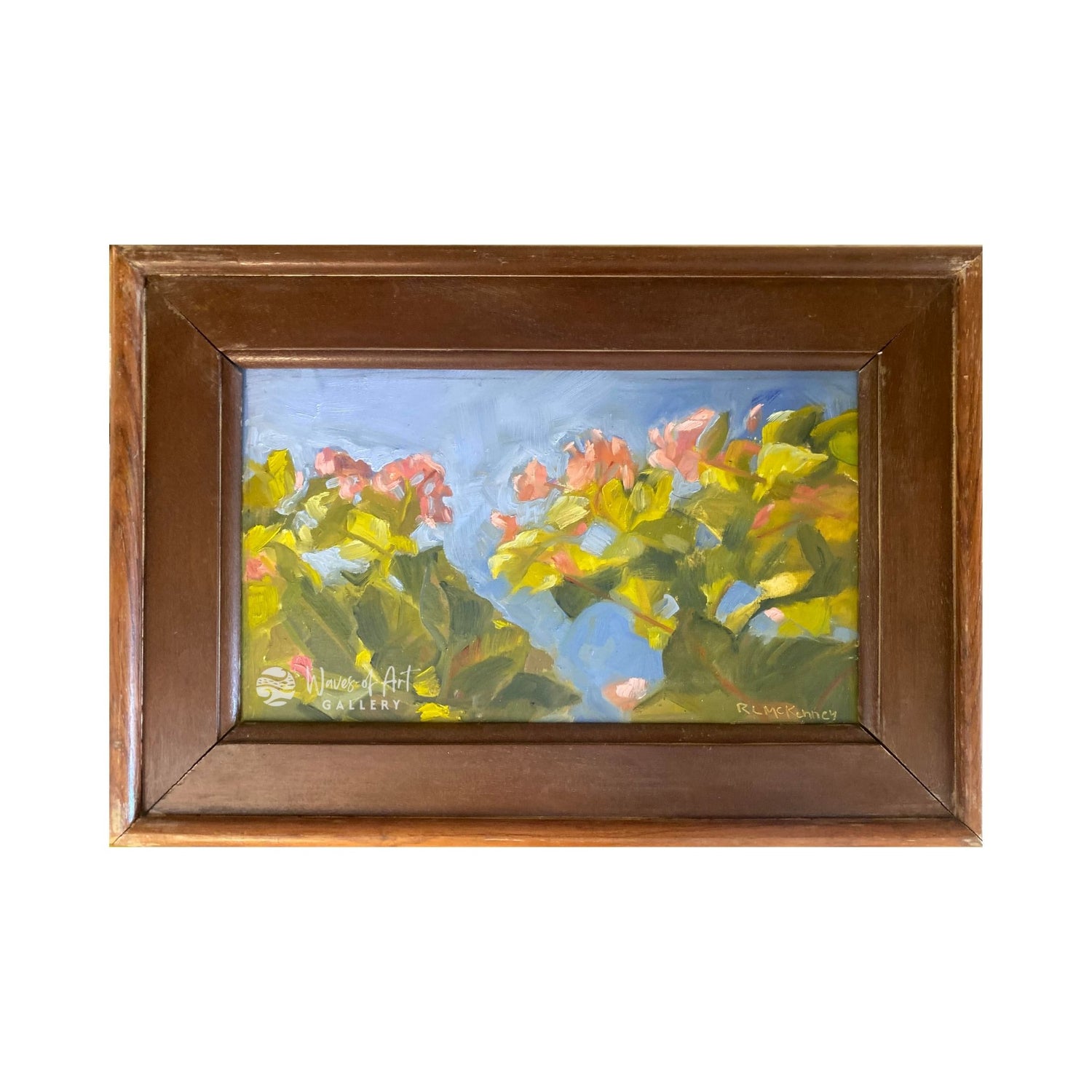 Framed painting by Roseanne McKenney of pink flowers with green leaves against a soft blue sky.