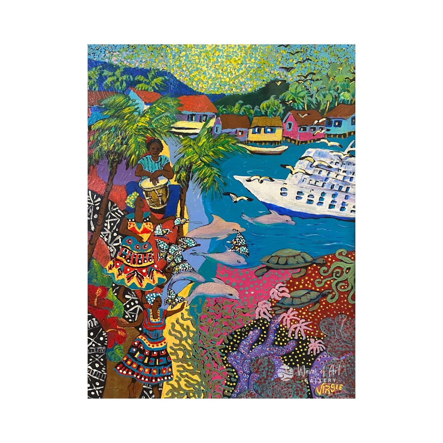 Colorful artwork of a coastal scene with a person playing drums, boats, and sea animals. Cruise ship coming into the port of Roatan.